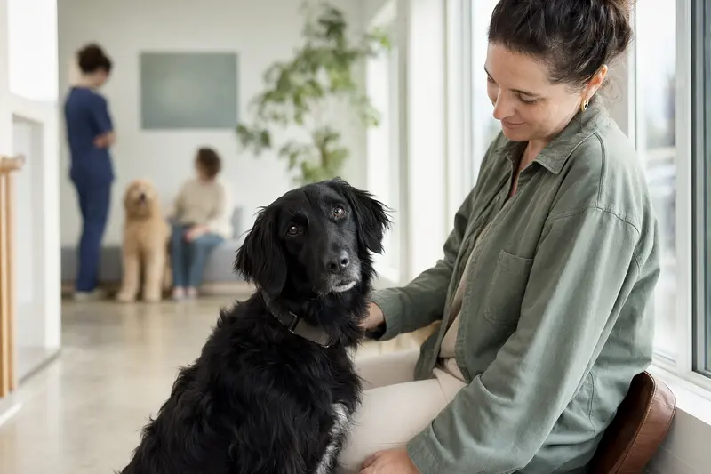 Ein Flat Coated Retriever sitzt ruhig neben seinem Besitzer im hellen Wartezimmer einer modernen Tierarztpraxis.
